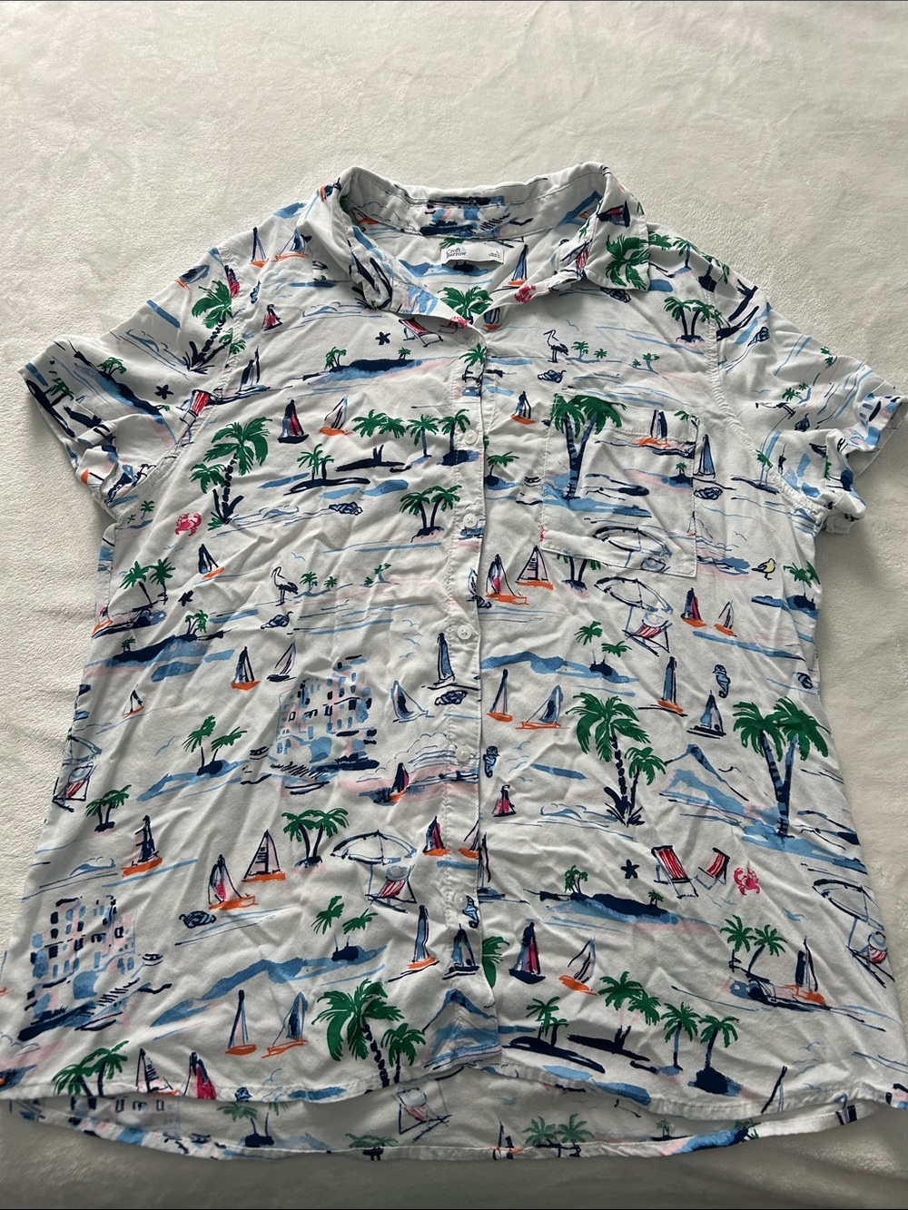 croft & barrow Women's Button-Down Beach Print Shirt - White with Green & Blue